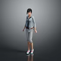 Woman Wearing Light Blue Shirt Gray Pants Tie And White Sneakers On Reflective Gray Background