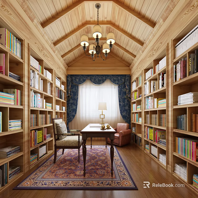Cozy Study Room Interior With Wooden Bookshelves Chandelier Desk Armchair And Blue Curtains 3d model 