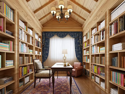 Cozy Study Room Interior With Wooden Bookshelves Chandelier Desk Armchair And Blue Curtains 3d model