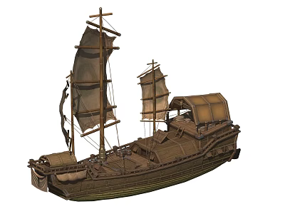 Traditional Wooden Boat With Two Masts Sails And Wooden Cabin Design 3d model