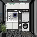 Modern Home Balcony With Washing Machine Dryer Storage Cabinets Sink And City View