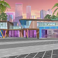 Modern Container Library Building With Colorful Exterior Large Glass Windows Palm Trees Urban Backdrop