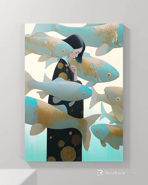 Abstract Painting Featuring Woman With Dark Clothing Blue Gold Koi Fish And Gold Dots 3d model 