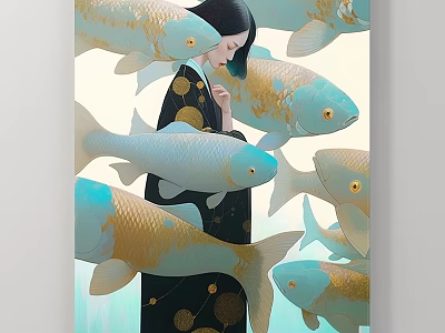 Abstract Painting Featuring Woman With Dark Clothing Blue Gold Koi Fish And Gold Dots 3d model