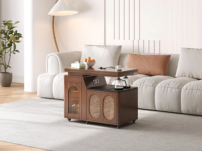 Wooden Coffee Table With Glass Door And Rattan Design In Living Room With Light Sofa 3d model