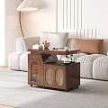 Wooden Coffee Table With Glass Door And Rattan Design In Living Room With Light Sofa