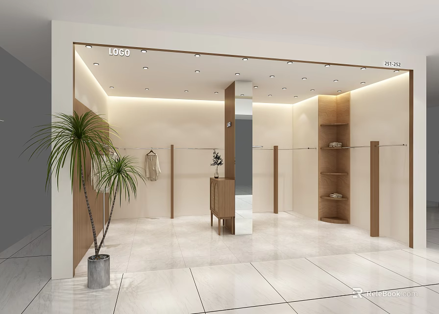Modern Shop Storefront Design With Glass Door Display Shelves Lighting And Indoor Plant 3d model 
