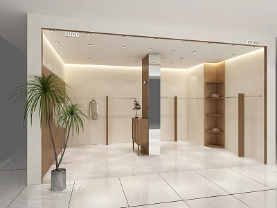 Modern Shop Storefront Design With Glass Door Display Shelves Lighting And Indoor Plant 3d model