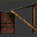 Rustic Handmade Table Featuring Red Metal Barrel Base And Colorful Wooden Top