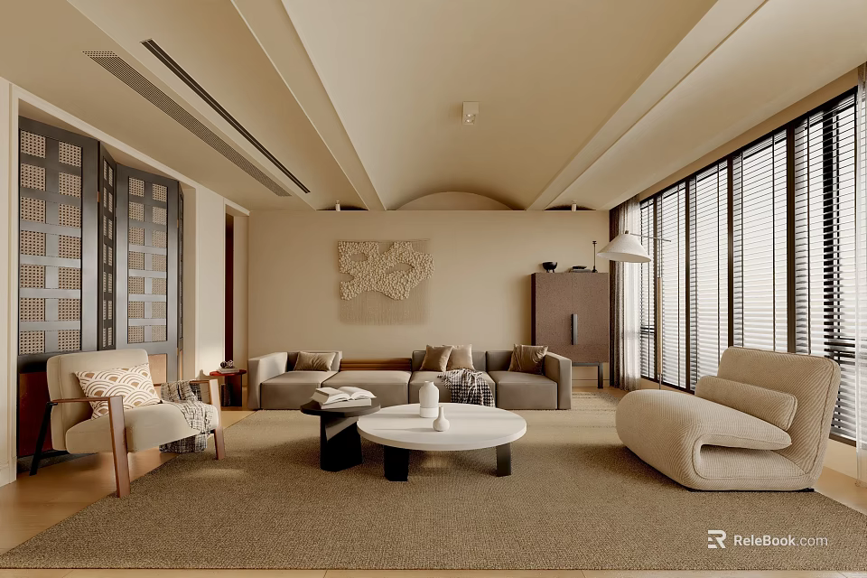Modern Luxury Living Room Interior Design With Beige Sofa Coffee Table And Large Windows 3d model 