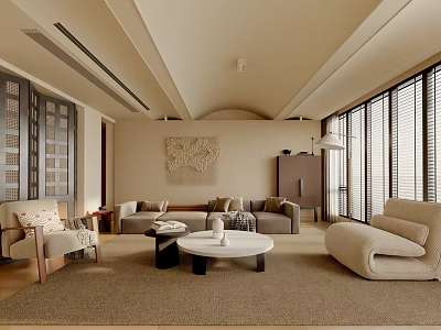 Modern Luxury Living Room Interior Design With Beige Sofa Coffee Table And Large Windows 3d model