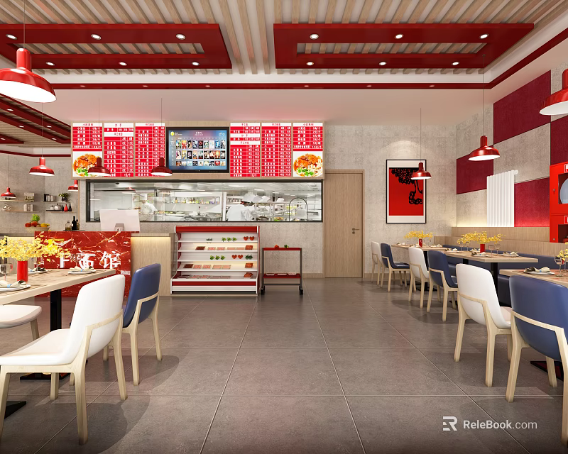Modern Restaurant Interior With Red Decor Open Kitchen Menu Display Dining Tables And Chairs 3d model 