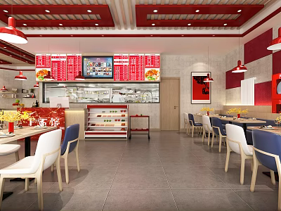 Modern Restaurant Interior With Red Decor Open Kitchen Menu Display Dining Tables And Chairs 3d model