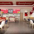 Modern Restaurant Interior With Red Decor Open Kitchen Menu Display Dining Tables And Chairs