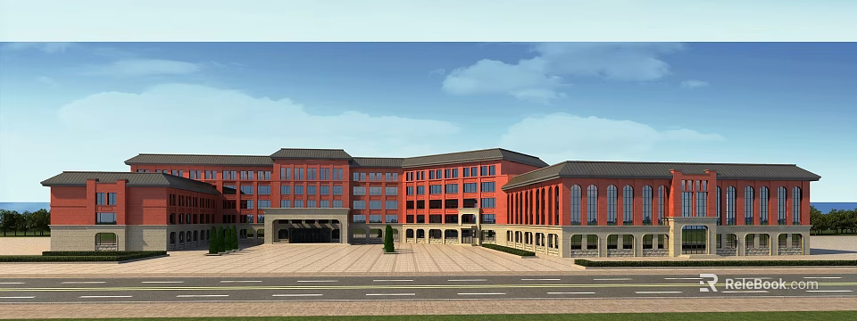 Modern Red Brick School Building With Large Windows Symmetrical Design And Front Plaza 3d model 
