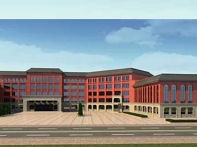 Modern Red Brick School Building With Large Windows Symmetrical Design And Front Plaza 3d model