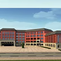Modern Red Brick School Building With Large Windows Symmetrical Design And Front Plaza