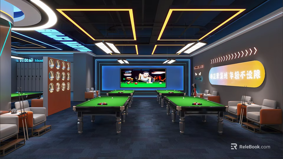Elegant Billiard Room Interior Design With Multiple Pool Tables And Modern Lighting Fixtures 3d model 