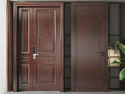 Wooden Dark Brown Hinged Doors With Panel Design Frame And Door Lock In Interior Setting 3d model