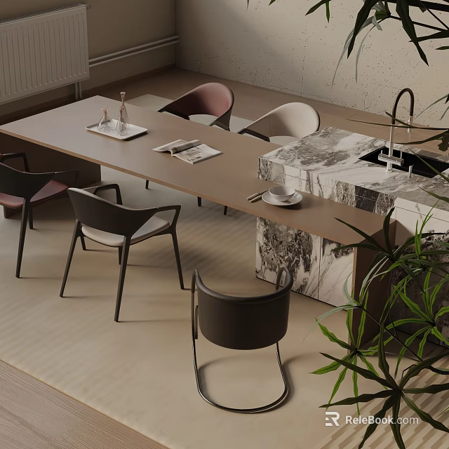 Modern Dining Table Set With Stylish Chairs Marble Countertop And Indoor Plant 3d model 