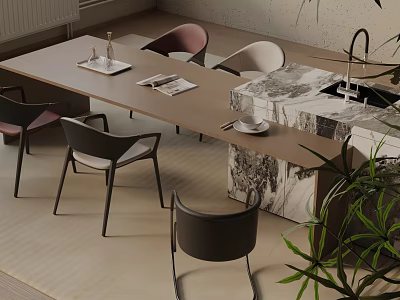 Modern Dining Table Set With Stylish Chairs Marble Countertop And Indoor Plant 3d model
