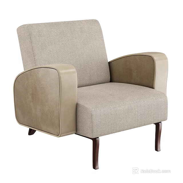 Modern Beige Fabric Leisure Chair With Leather Armrests And Dark Wooden Legs 3d model 