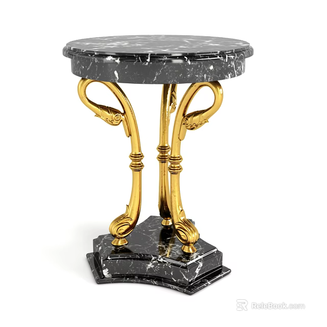 Round Luxury Side Table With Black Marble Top And Gold Ornate Metal Legs 3d model 