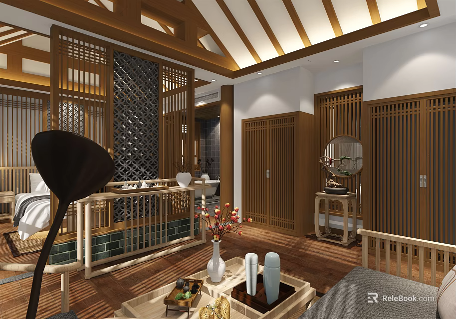 Chinese Style Hotel Guest Room With Wooden Lattice Ceiling Beams And Traditional Decor 3d model 