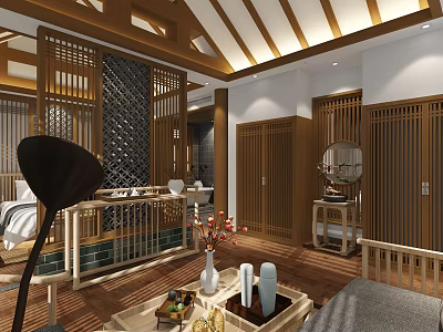 Chinese Style Hotel Guest Room With Wooden Lattice Ceiling Beams And Traditional Decor 3d model