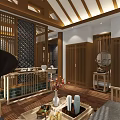 Chinese Style Hotel Guest Room With Wooden Lattice Ceiling Beams And Traditional Decor