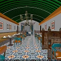 Vibrant Restaurant Interior With Green Arched Ceiling Chandeliers Decorative Paintings And Patterned Floor