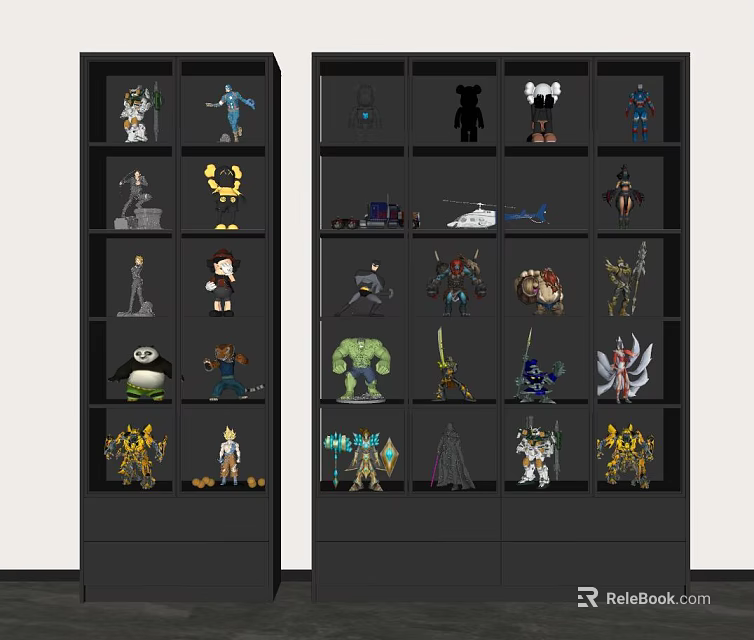 Black Display Cabinets With Multiple Shelves Holding Collectible Figurines And Toys 3d model 