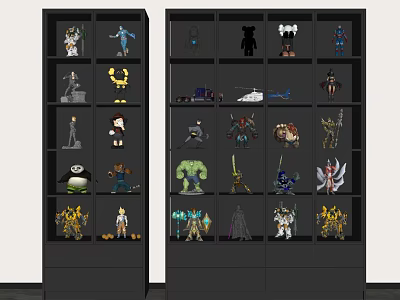 Black Display Cabinets With Multiple Shelves Holding Collectible Figurines And Toys 3d model