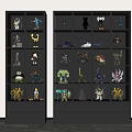 Black Display Cabinets With Multiple Shelves Holding Collectible Figurines And Toys