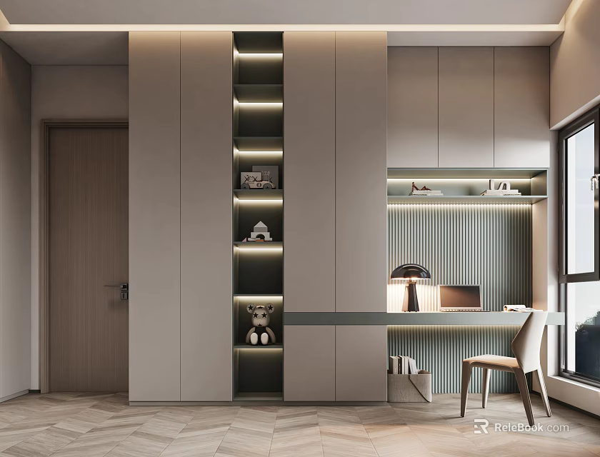 Modern Study Room Interior Design With Lit Shelves Writing Desk Comfortable Chair And Striped Wall 3d model 