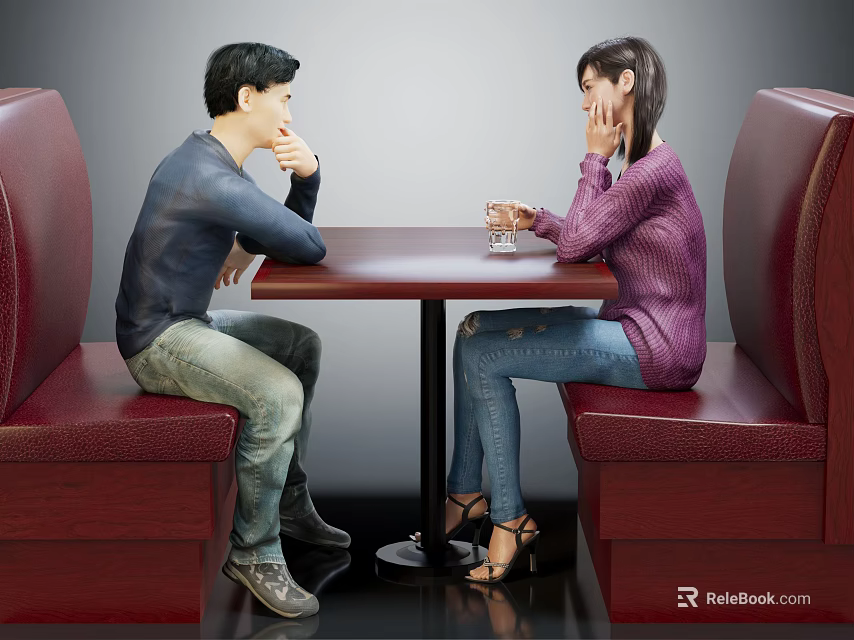 Two People Sitting in Red Booth at Table Having Conversation in Cafe Setting 3d model 