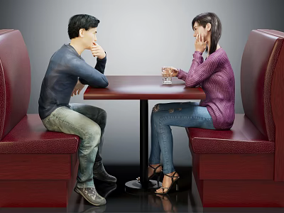 Two People Sitting in Red Booth at Table Having Conversation in Cafe Setting 3d model
