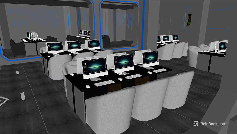 Modern Internet Cafe Interior With Comfortable Chairs High Performance Computers And Blue Lighting 3d model 