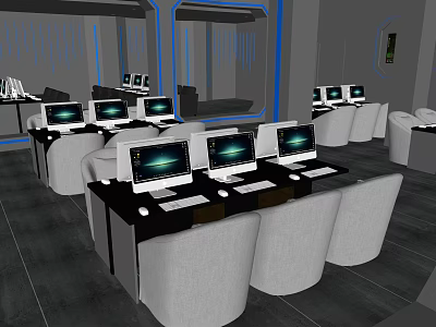 Modern Internet Cafe Interior With Comfortable Chairs High Performance Computers And Blue Lighting 3d model