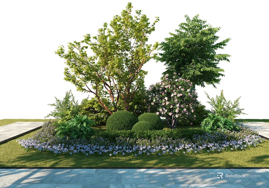 Trimmed Round Green Shrubs in Landscaped Garden with Purple Flowers Lawn and Stone Pathway 3d model 