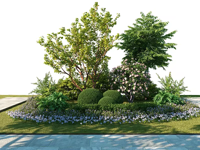 Trimmed Round Green Shrubs in Landscaped Garden with Purple Flowers Lawn and Stone Pathway 3d model