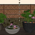 Tranquil Water Fountain With Lotus Flowers In Stone Pots And Bamboo Screen Background