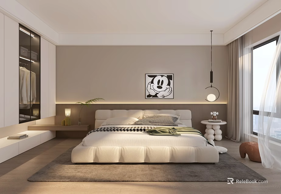 Modern Bedroom Interior With White Bed Mickey Mouse Painting And Open Wardrobe 3d model 
