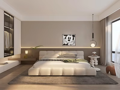 Modern Bedroom Interior With White Bed Mickey Mouse Painting And Open Wardrobe 3d model