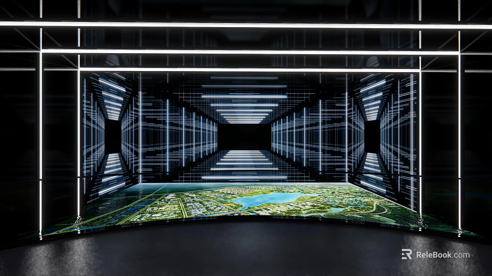 Modern Digital Exhibition Space With Curved Display Green Landscape And Blue Lake 3d model 