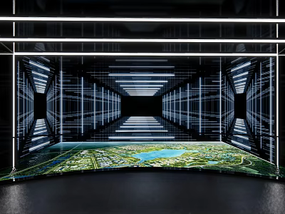 Modern Digital Exhibition Space With Curved Display Green Landscape And Blue Lake 3d model
