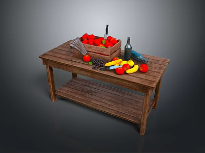 Assorted Fresh Fruits In Basket On Wooden Table With Wine Bottle 3d model
