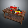 Assorted Fresh Fruits In Basket On Wooden Table With Wine Bottle