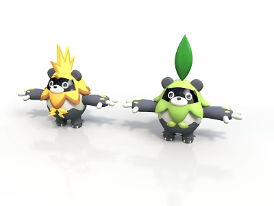 Two Cute Panda Characters With Yellow Flame And Green Leaf Headpieces 3d model