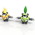 Two Cute Panda Characters With Yellow Flame And Green Leaf Headpieces